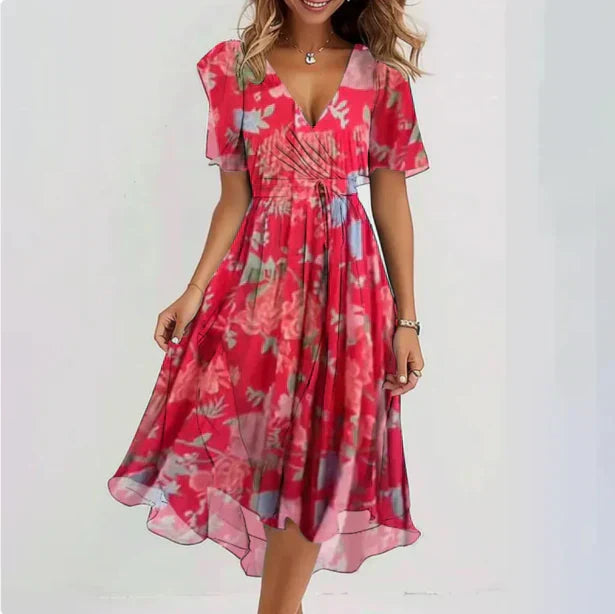 Charlotte - Elegant Women's Wedding Guest Dress with Wrap V-Neck and Floral Print