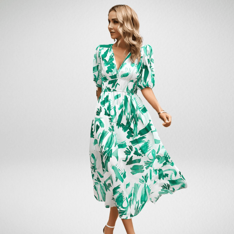 Grace - Chic Women's Wedding Guest Midi Dress with Puff Sleeves and Wrap V-Neckline