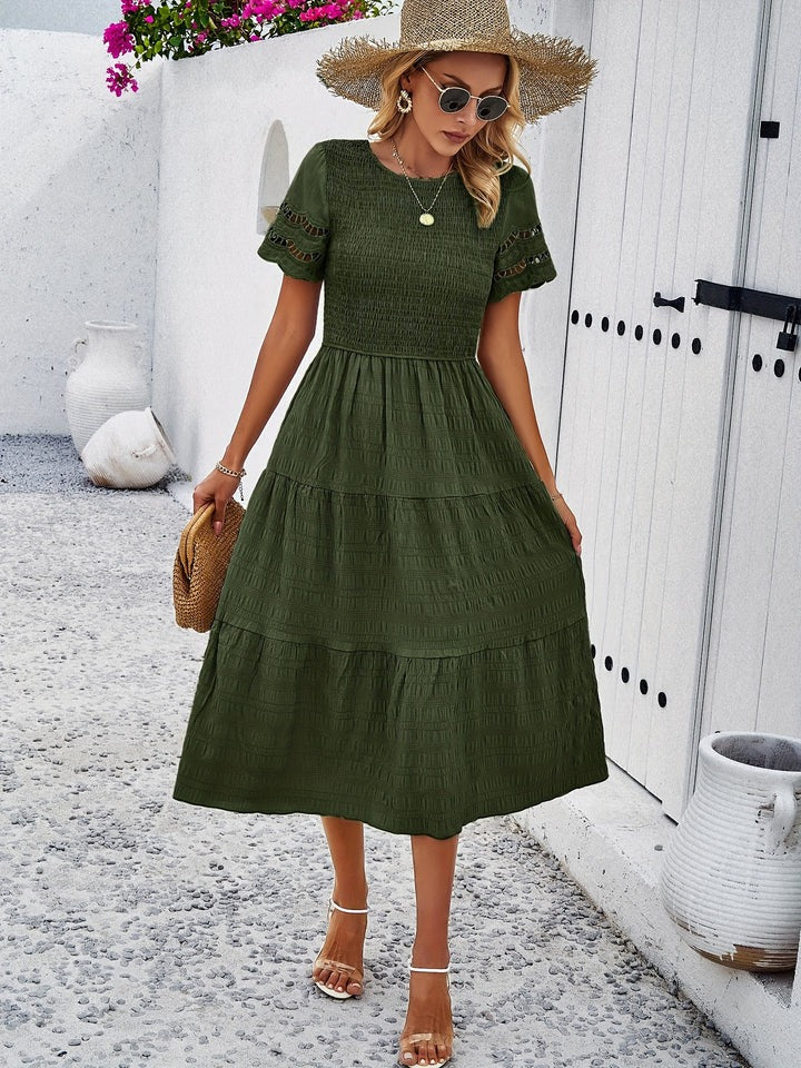 Zoe - Casual Women's Wedding Guest Midi Dress with Smocked Bodice and Crochet Trim Sleeves