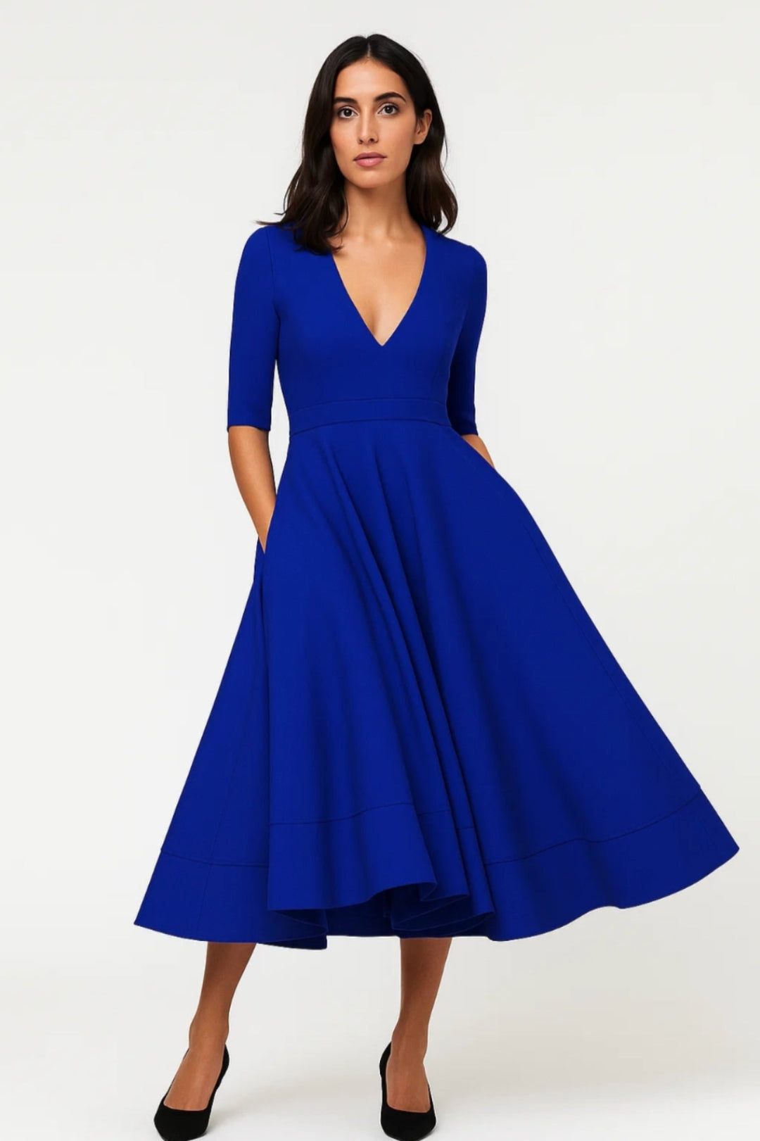 Midi Dress Women - Elegant V-Neck | Three-Quarter Sleeves