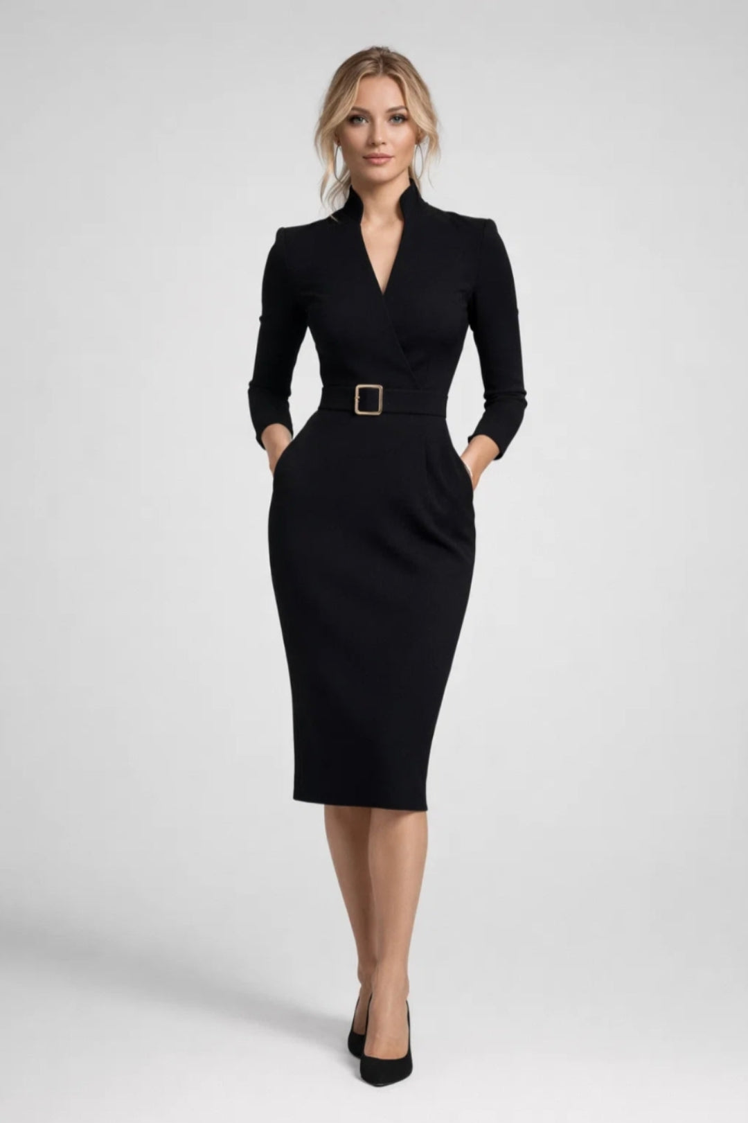 Midi Dress Women - Professional Wrap Style | Belted V-Neck