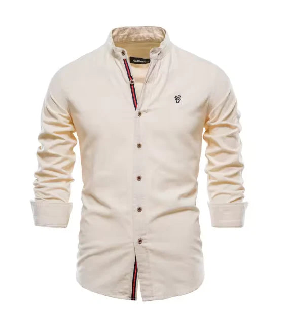 Aiden - Smart Men's Linen Shirt with Stand Collar and Striped Placket Detail