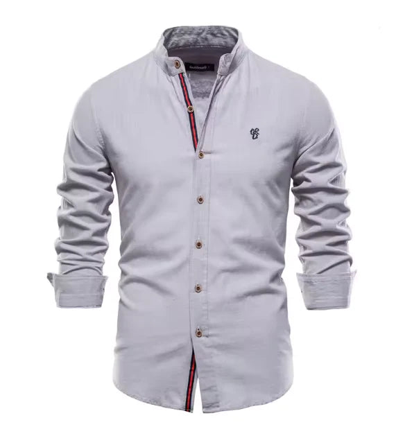 Aiden - Smart Men's Linen Shirt with Stand Collar and Striped Placket Detail