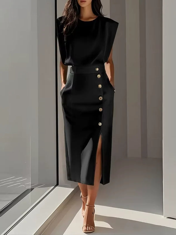 Alexis - Formal Women's Wedding Guest Dress with Padded Shoulders and Gold Button Front Split