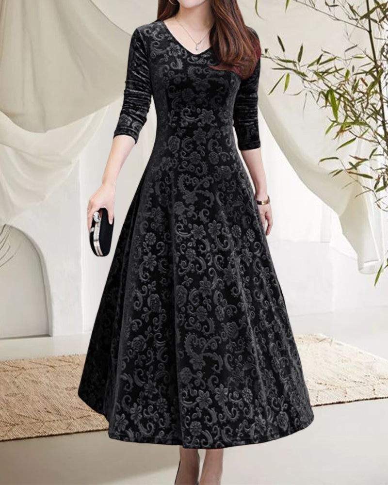 Amelia - Elegant Women's Wedding Guest Midi Dress with Long Sleeves and Jacquard Pattern