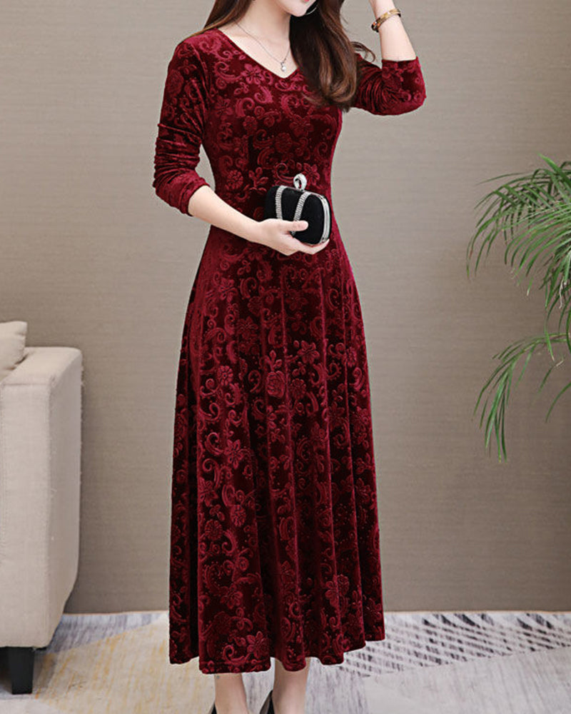 Amelia - Elegant Women's Wedding Guest Midi Dress with Long Sleeves and Jacquard Pattern