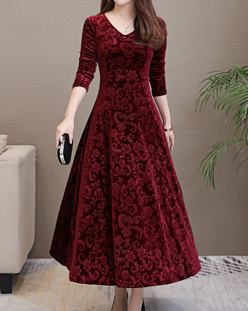 Amelia - Elegant Women's Wedding Guest Midi Dress with Long Sleeves and Jacquard Pattern