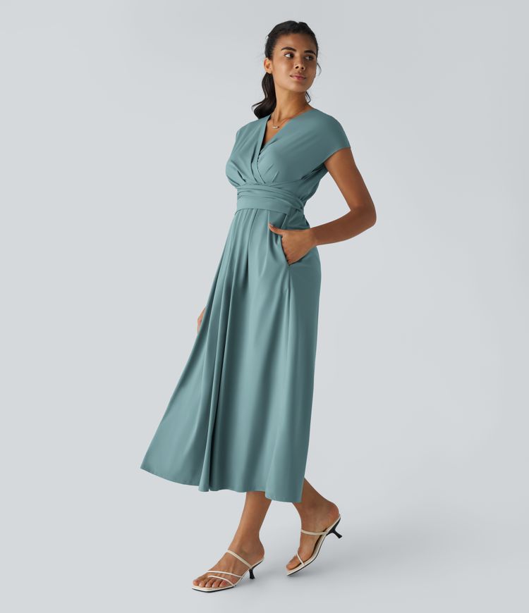 Amelia - Flowy Women's Wedding Guest Dress with Wrap Bodice and Pleated Midi Skirt