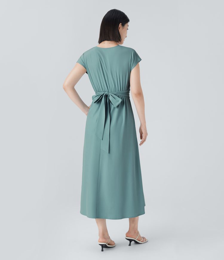 Amelia - Flowy Women's Wedding Guest Dress with Wrap Bodice and Pleated Midi Skirt