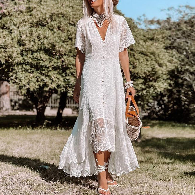 Aria - Boho Women's Wedding Guest Dress with Lace Detail and Flutter Sleeves