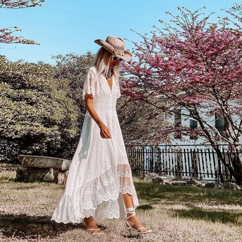 Aria - Boho Women's Wedding Guest Dress with Lace Detail and Flutter Sleeves