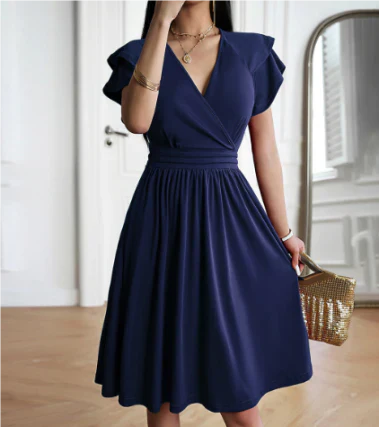 Aria - Elegant Women's Wedding Guest Dress with Ruffle Sleeves and Wrap Neckline