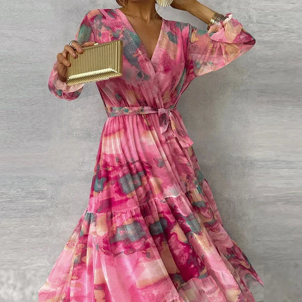 Aria - Flowy Women's Wedding Guest Maxi Dress with Wrap V Neck and Tiered Skirt