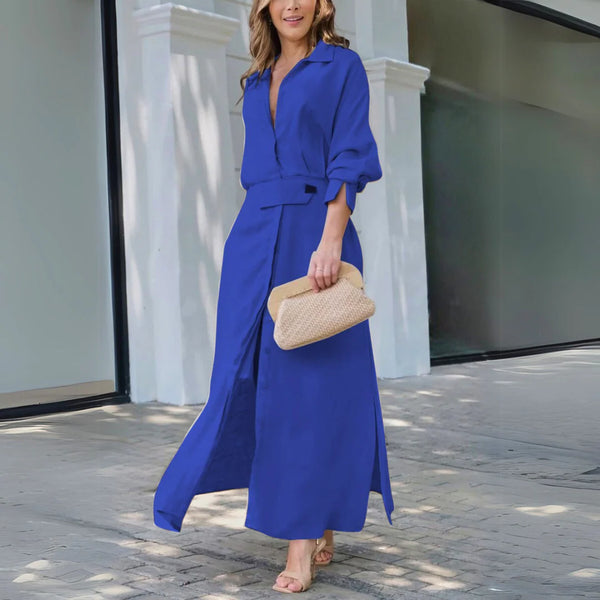 Aurora - Chic Women's Wedding Guest Maxi Dress with Shirt Collar and Belted Waist