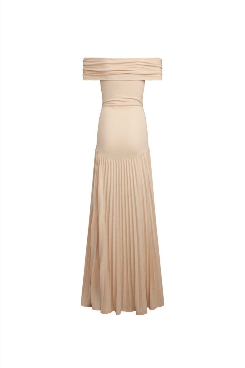 Aurora - Elegant Women's Wedding Guest Dress with Off-Shoulder Neckline and Pleated Maxi Skirt