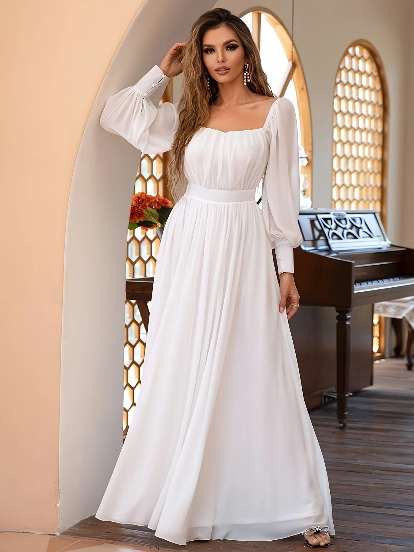 Aurora - Romantic Women's Wedding Guest Maxi Dress with Square Neckline and Balloon Sleeves