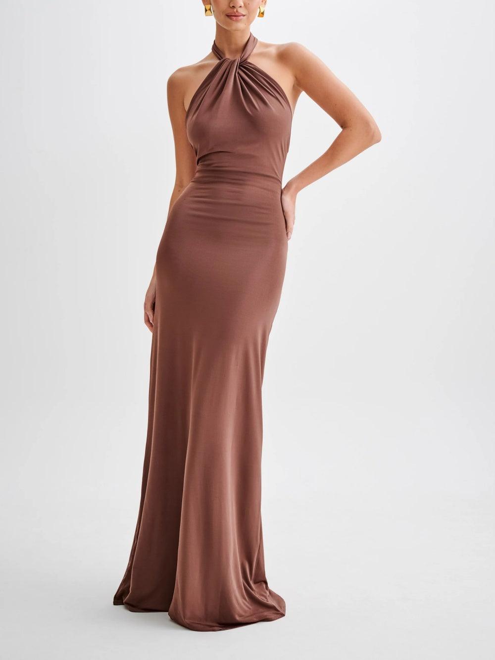 Ava - Elegant Women's Wedding Guest Dress with Halter Neck and Ruched Maxi Silhouette
