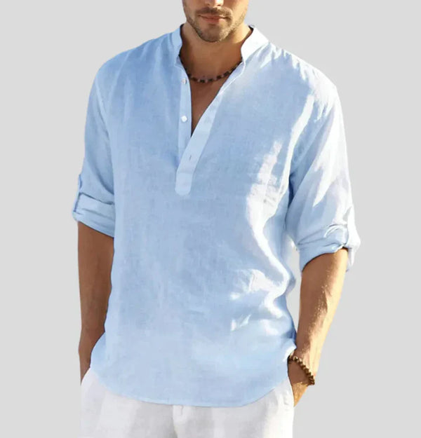 Caleb - Casual Men's Linen Shirt with Stand Collar and Roll-Up Sleeves for Summer