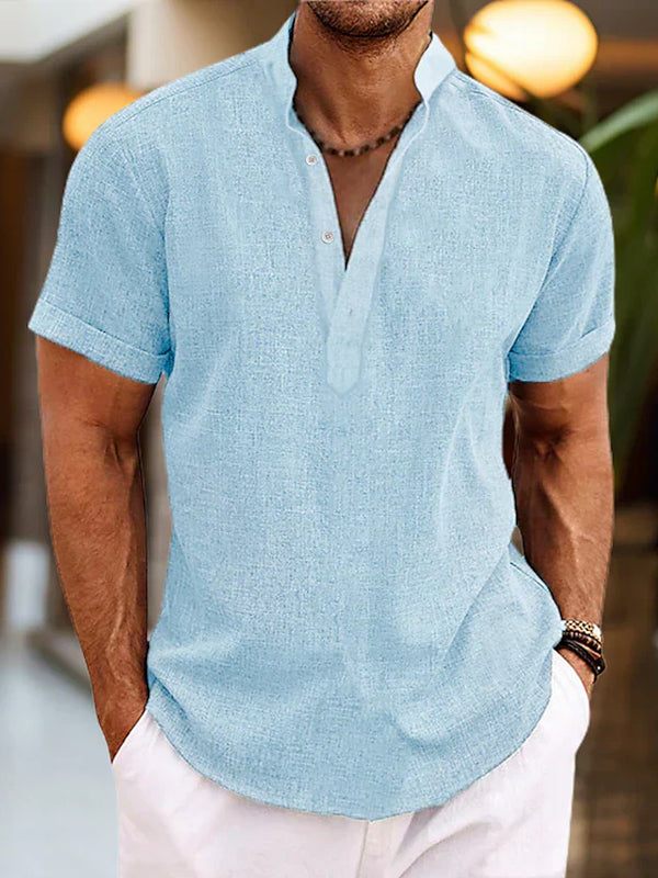 Logan - Casual Men's Linen Shirt with Band Collar and Short Sleeves