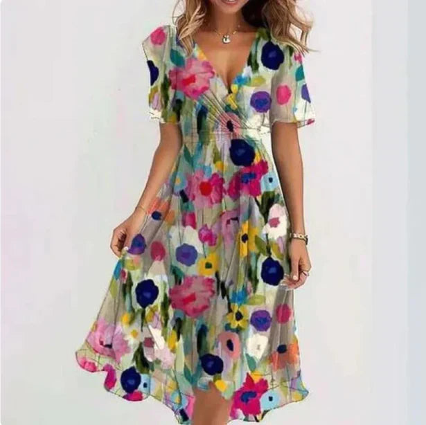 Charlotte - Elegant Women's Wedding Guest Dress with Wrap V-Neck and Floral Print