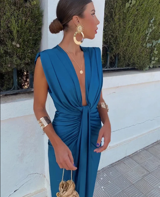 Charlotte - Formal Women's Wedding Guest Dress with Deep V Neck and Twisted Front