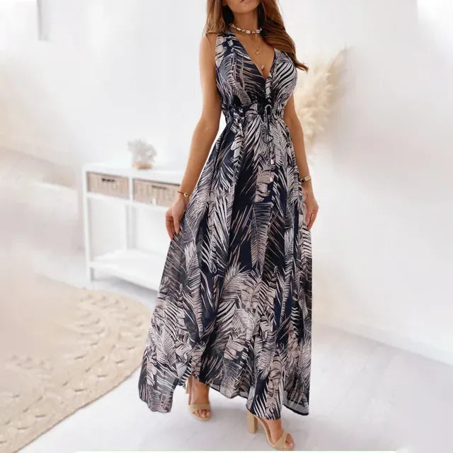 Chloe - Boho Women's Wedding Guest Dress with Tropical Print and Flowy Maxi Skirt