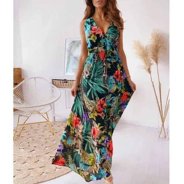 Chloe - Boho Women's Wedding Guest Dress with Tropical Print and Flowy Maxi Skirt