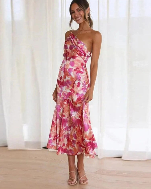 Chloe - Trendy Women's Wedding Guest Dress with One Shoulder Strap and Floral Print