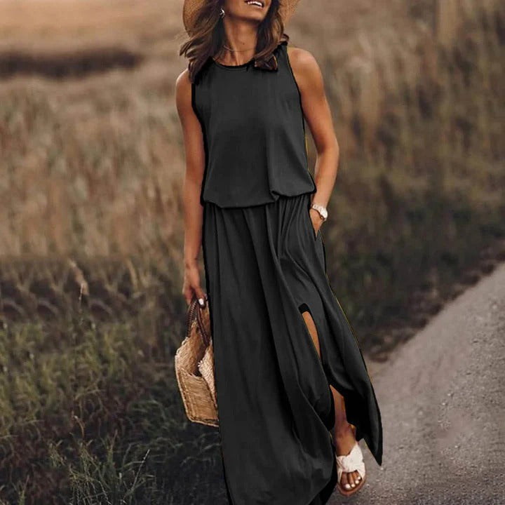 Ella - Casual Women's Wedding Guest Dress with Sleeveless Cut and Side Slits