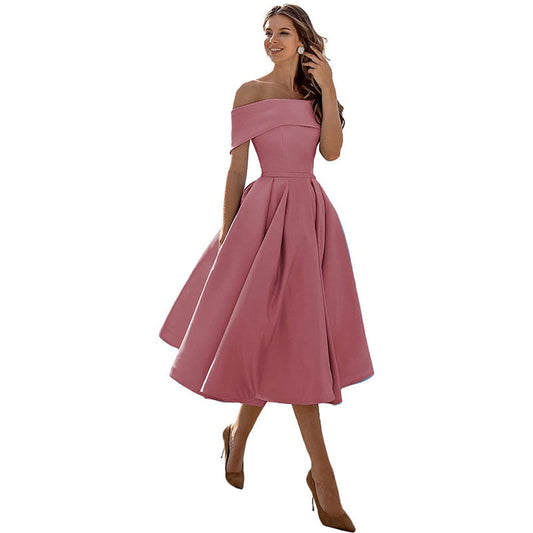 Emily - Elegant Women's Wedding Guest Dress with Off Shoulder Neckline and Full A-Line Skirt