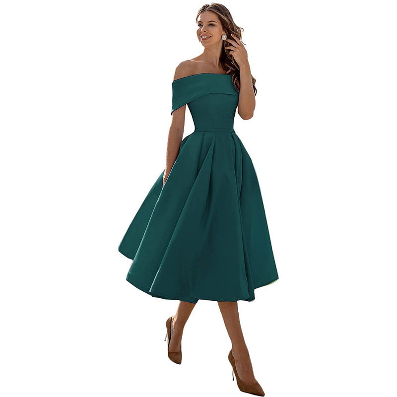 Emily - Elegant Women's Wedding Guest Dress with Off Shoulder Neckline and Full A-Line Skirt