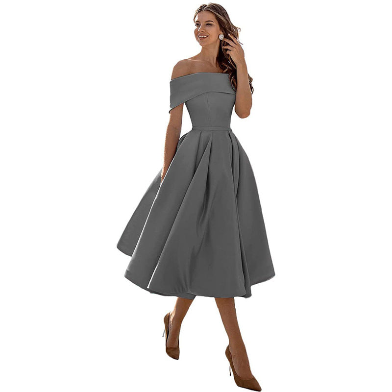 Emily - Elegant Women's Wedding Guest Dress with Off Shoulder Neckline and Full A-Line Skirt