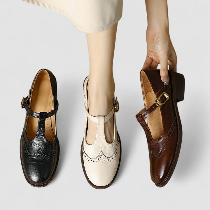 Emily - Orthopedic Mary Jane Shoes for Women with Brogue Detail and T-Bar Buckle