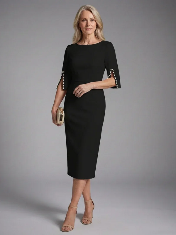 Emma - Formal Women's Wedding Guest Dress with Split Sleeves and Pearl Buttons
