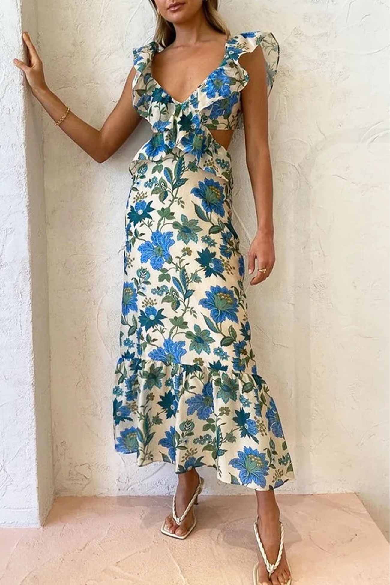 Emma - Flowy Women's Wedding Guest Maxi Dress with Ruffle Neckline and Floral Print