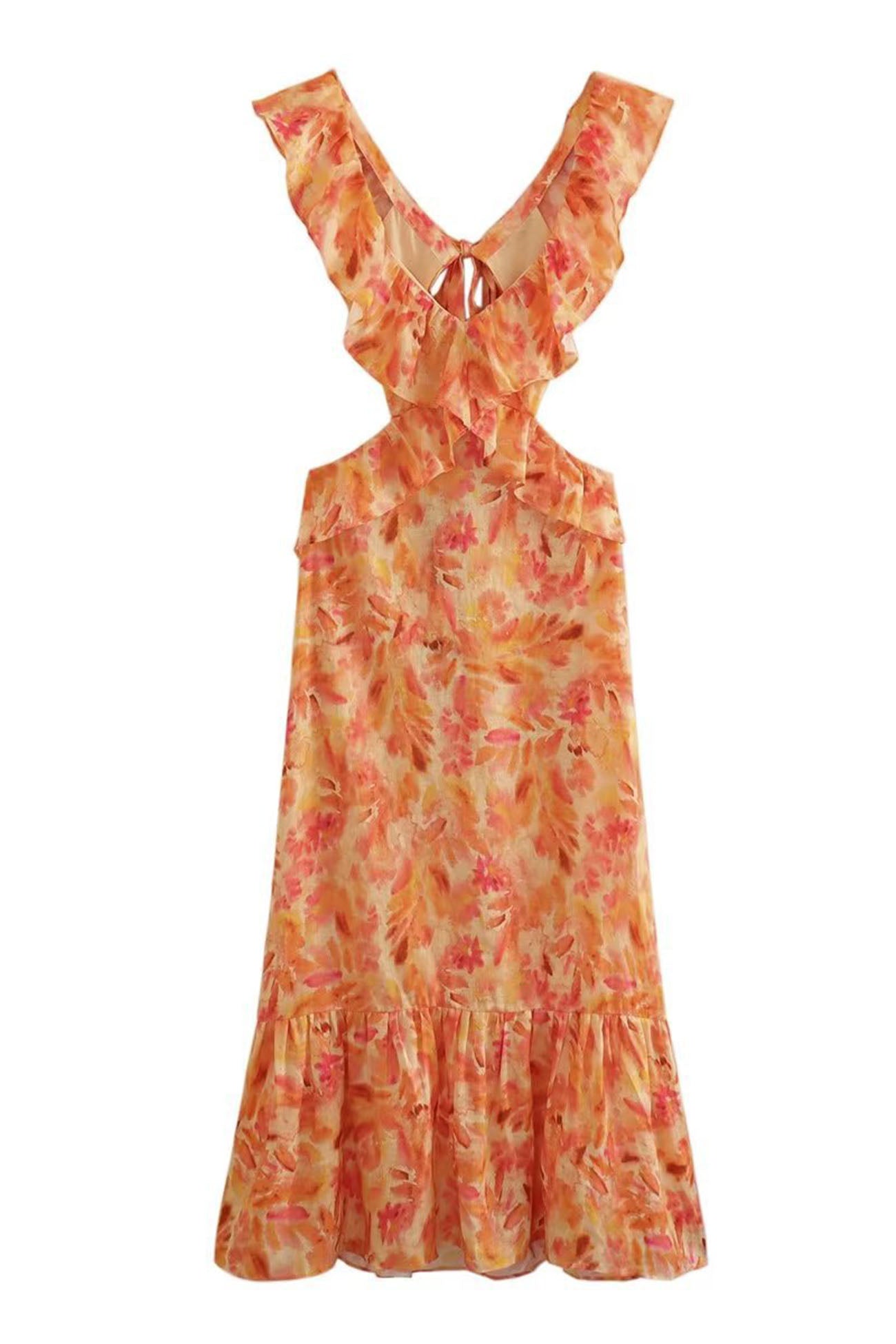 Emma - Flowy Women's Wedding Guest Maxi Dress with Ruffle Neckline and Floral Print
