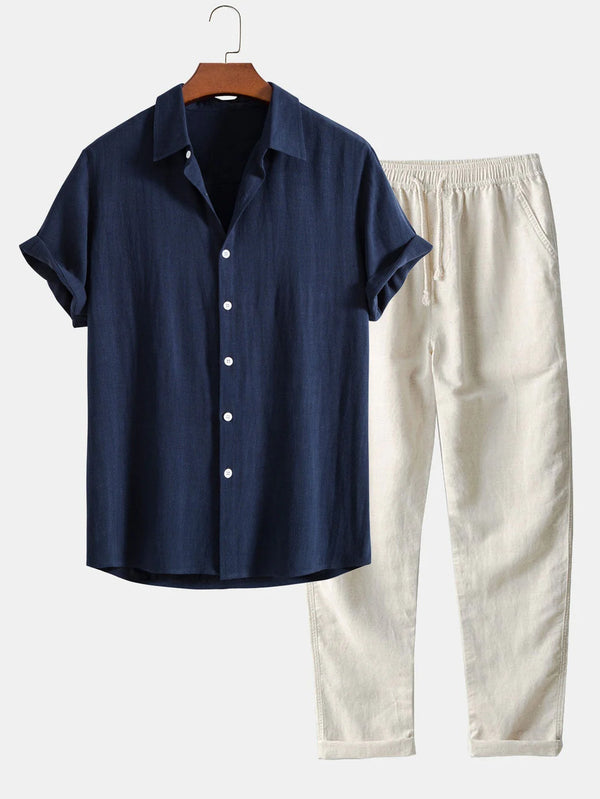 Ethan - Casual Men's Linen 2pc Set with Short Sleeve Shirt and Drawstring Pants