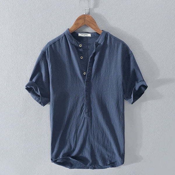 Ethan - Casual Men's Linen Shirt with Short Sleeves and Henley Stand Collar for Summer