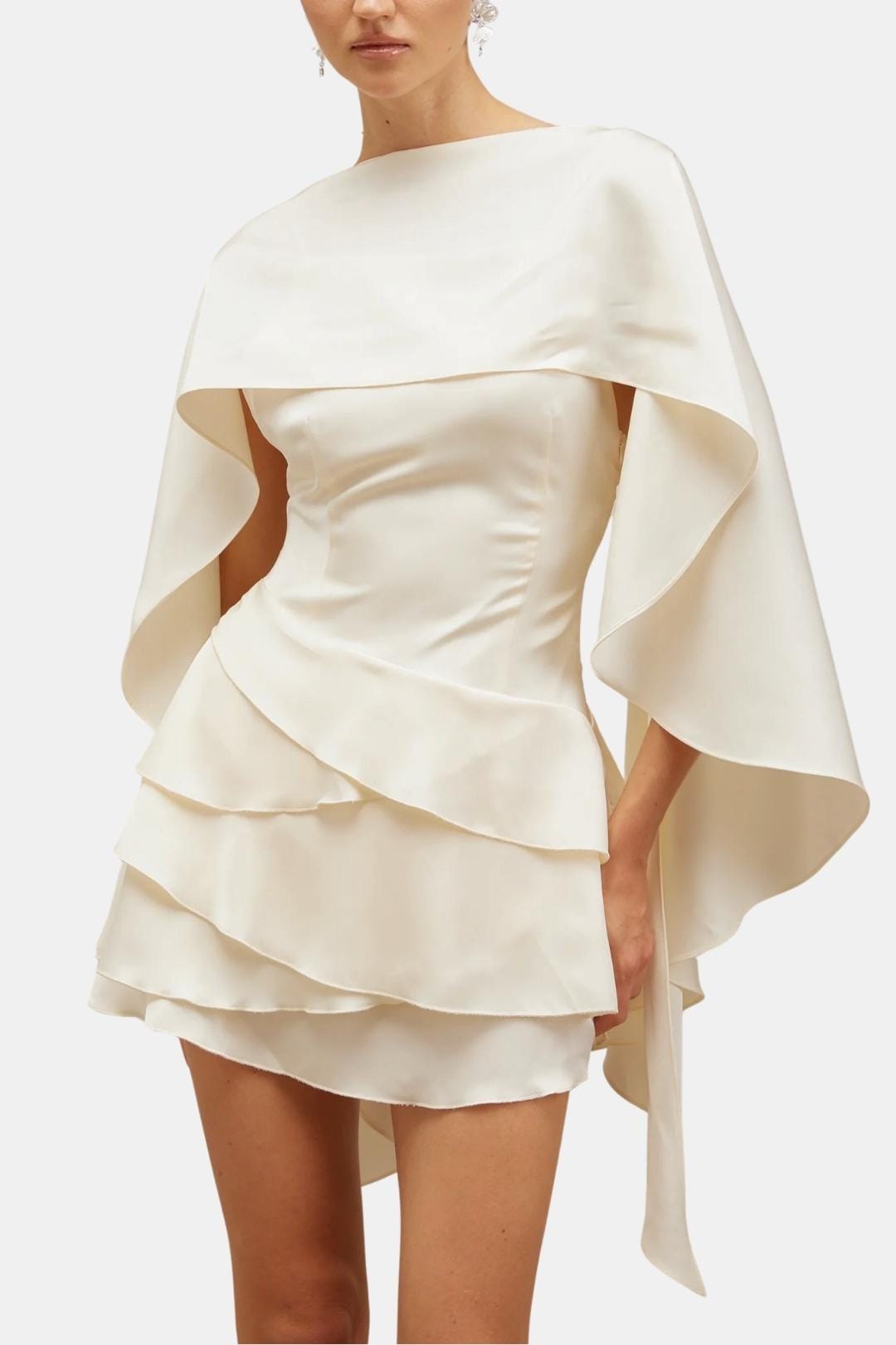 Evelyn - Chic Women's Wedding Guest Dress with Dramatic Cape Sleeves and Tiered Skirt