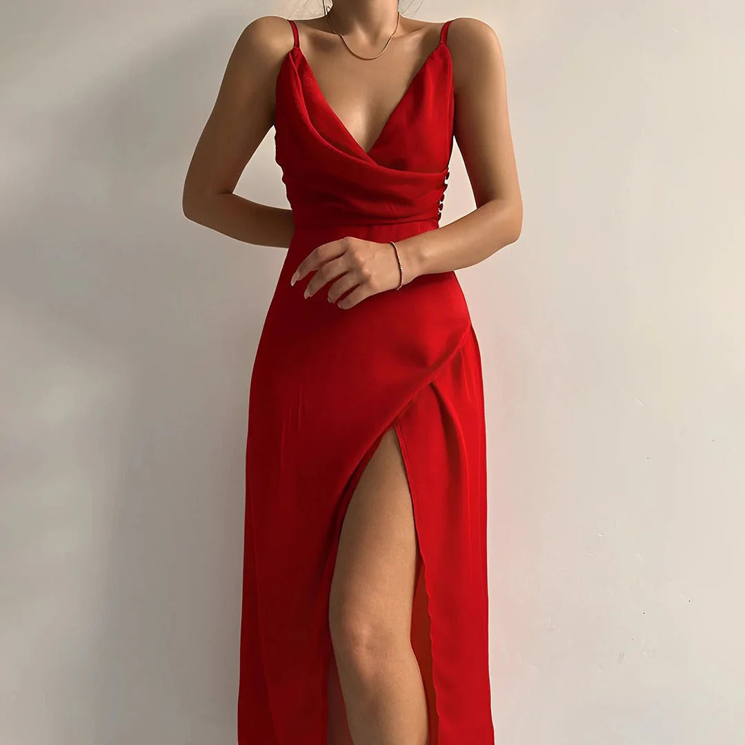Evelyn - Elegant Women's Wedding Guest Dress with Cowl Neck and Thigh Slit
