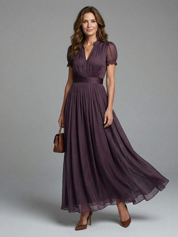 Evelyn - Elegant Women's Wedding Guest Dress with Lace Trim and Short Sleeves