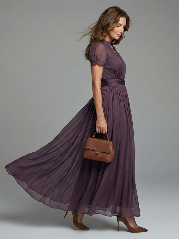 Evelyn - Elegant Women's Wedding Guest Dress with Lace Trim and Short Sleeves