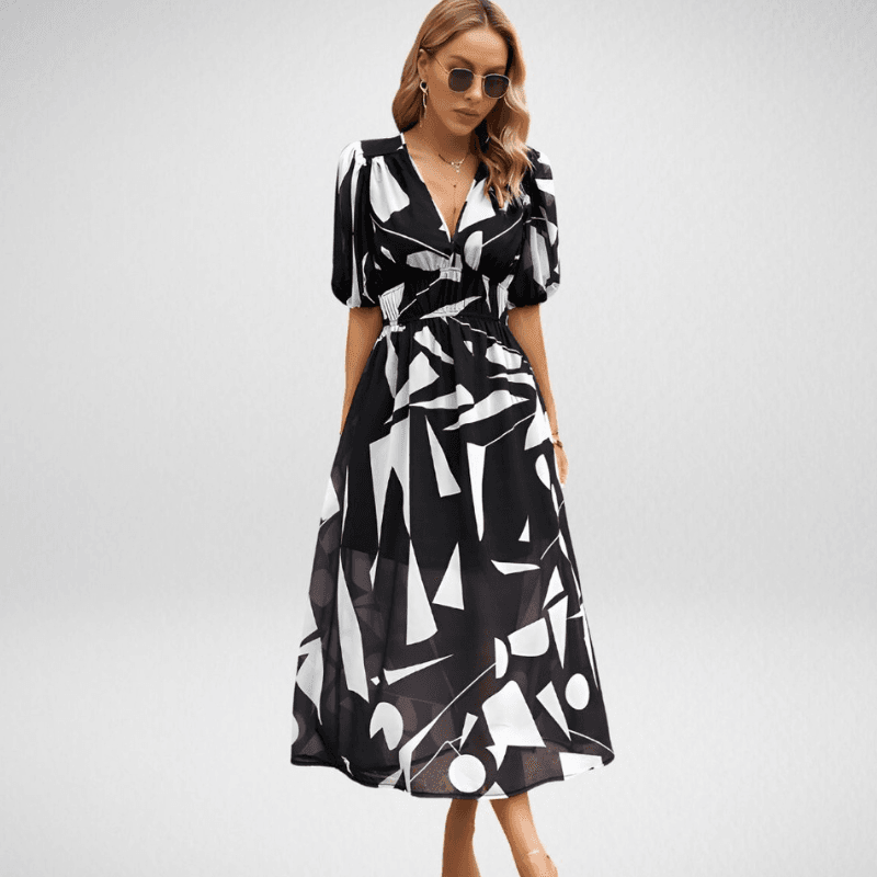 Grace - Chic Women's Wedding Guest Midi Dress with Puff Sleeves and Wrap V-Neckline