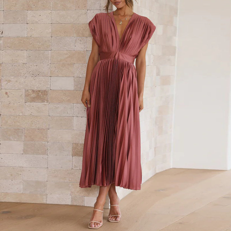 Grace - Flowy Women's Wedding Guest Dress with Deep V-Neck and Pleated Midi Skirt