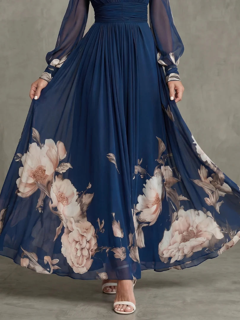 Harper - Elegant Floral Maxi Dress for Women with Deep V-Neck and Sheer Sleeves