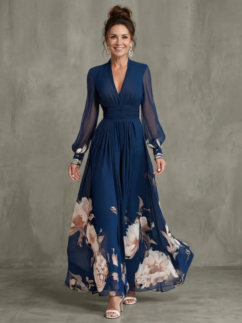 Harper - Elegant Floral Maxi Dress for Women with Deep V-Neck and Sheer Sleeves