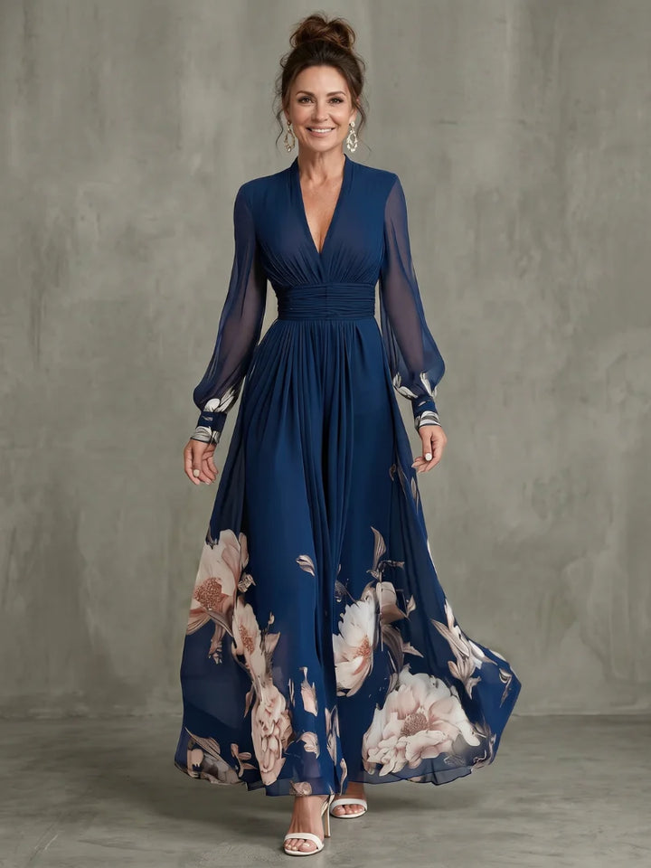 Harper - Elegant Floral Maxi Dress for Women with Deep V-Neck and Sheer Sleeves
