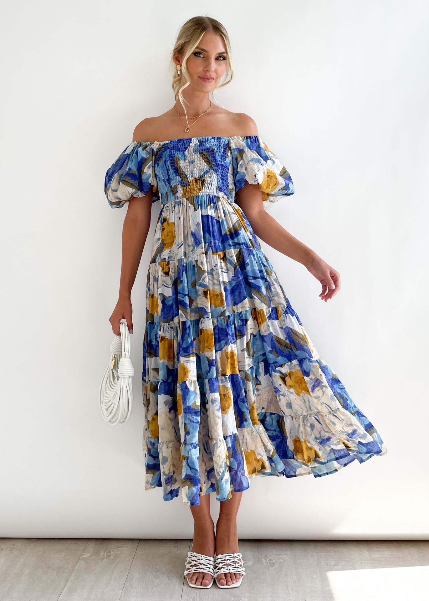 Harper - Romantic Women's Wedding Guest Midi Dress with Off-Shoulder Puff Sleeves and Floral Print