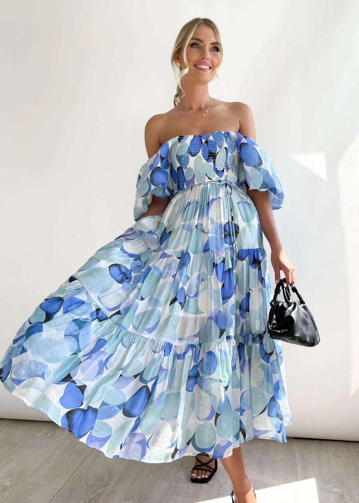 Harper - Romantic Women's Wedding Guest Midi Dress with Off-Shoulder Puff Sleeves and Floral Print