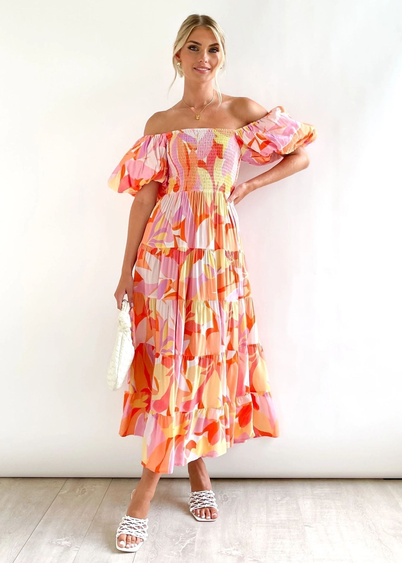 Harper - Romantic Women's Wedding Guest Midi Dress with Off-Shoulder Puff Sleeves and Floral Print